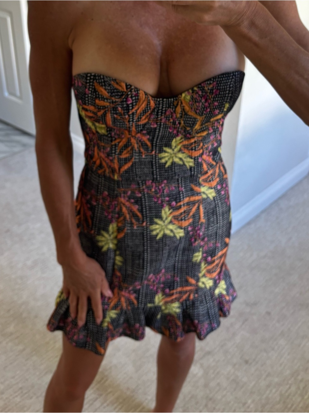 Strapless Atoir Floral Ruffle Hem Mini Dress - Black,Orange,Yellow, berry size 4
